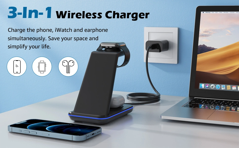 High Quality 3 in 1 15W Smart Phone 3W Earphones 2.5W Smart Watch Wireless Fast Charger