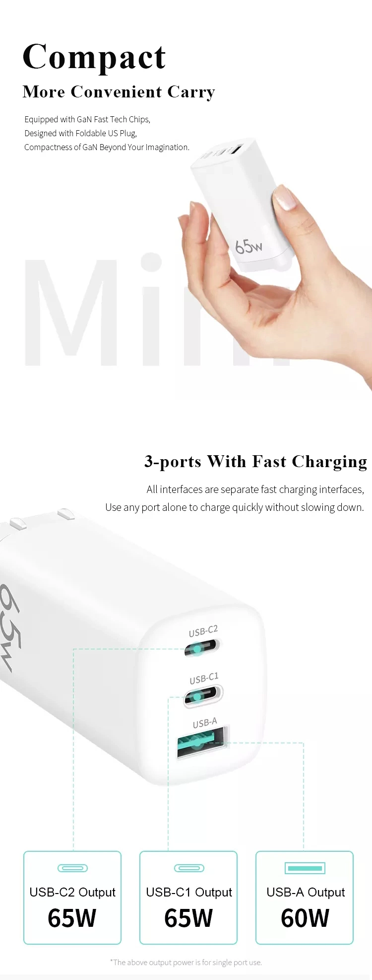 Laptop Charger Supplier Wall Charger 65W GaN AC/DC Power Adapter Pd Function Type C Port Travel Charging Mobile Phone Laptop USB Quick Fast Charger